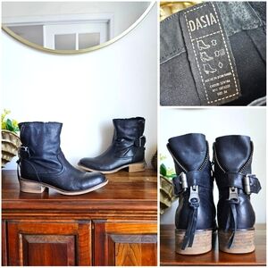 Dasia Soft Genuine Leather Zipper Boho Biker Ankle Black Boots EU 36/ US 5.5